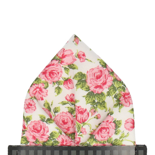 Pink Roses White Cotton Pocket Square - Pocket Square with Free UK Delivery - Mrs Bow Tie