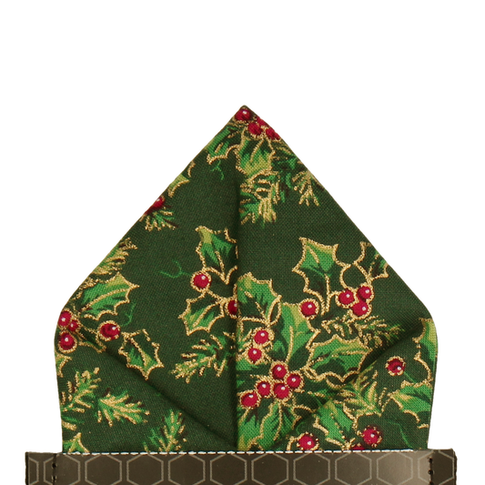 Metallic Outline Holly Leaves And Berries Festive Green Pocket Square