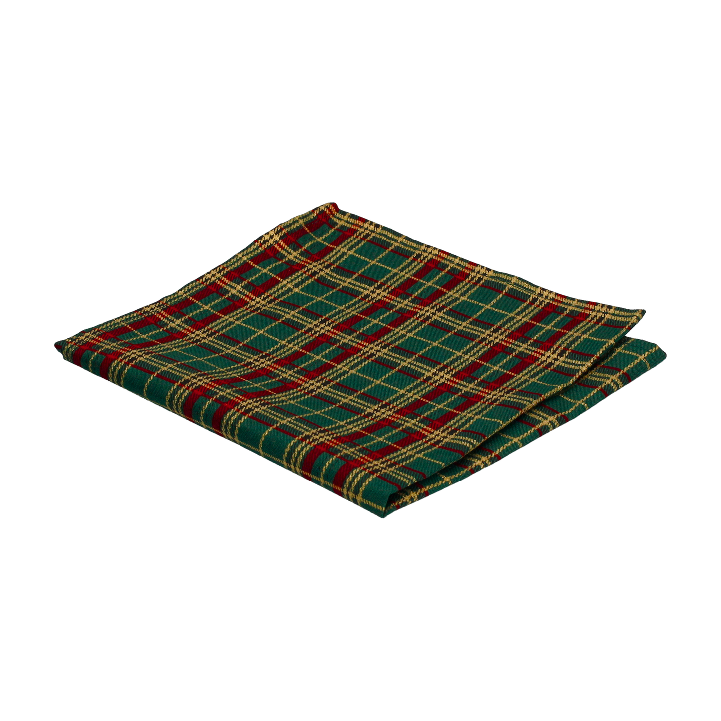 Metallic Gold, Green and Red Festive Tartan Pocket Square