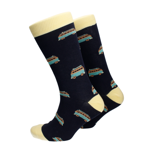 Retro Camper Van Dark Blue Cotton Mix Socks