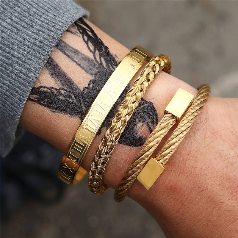 3 Piece Roman Numeral Gold Tone Bracelet Set