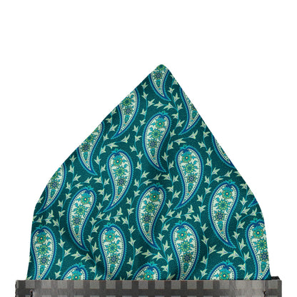 Green Teal and Blue Dancing Paisley Pocket Square