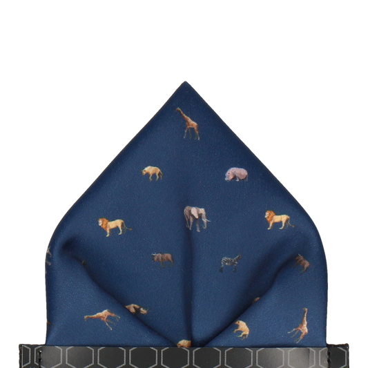 Navy Blue African Safari Animals Pocket Square - Pocket Square with Free UK Delivery - Mrs Bow Tie