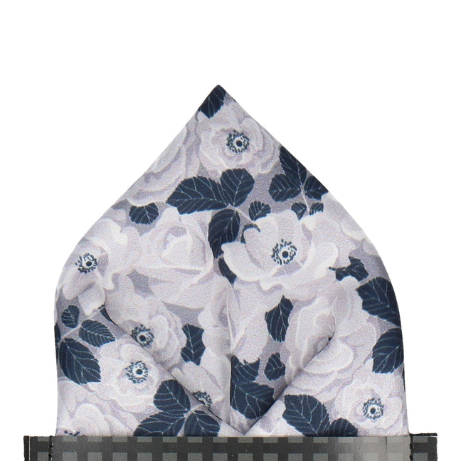 White & Silver Floral Navy Blue Pocket Square - Pocket Square with Free UK Delivery - Mrs Bow Tie